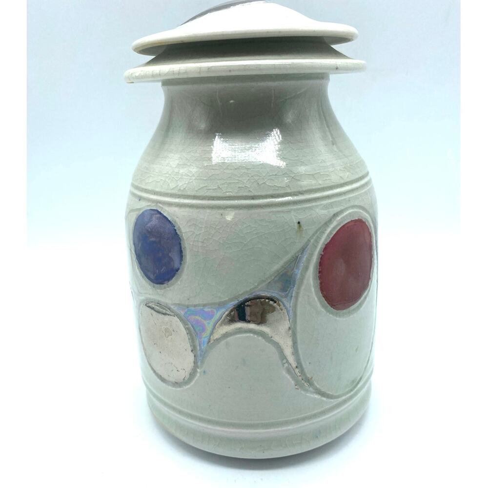 Blue,‎ silver  & Red Ceramic Lidded Jar pottery, Modern Abstract design function